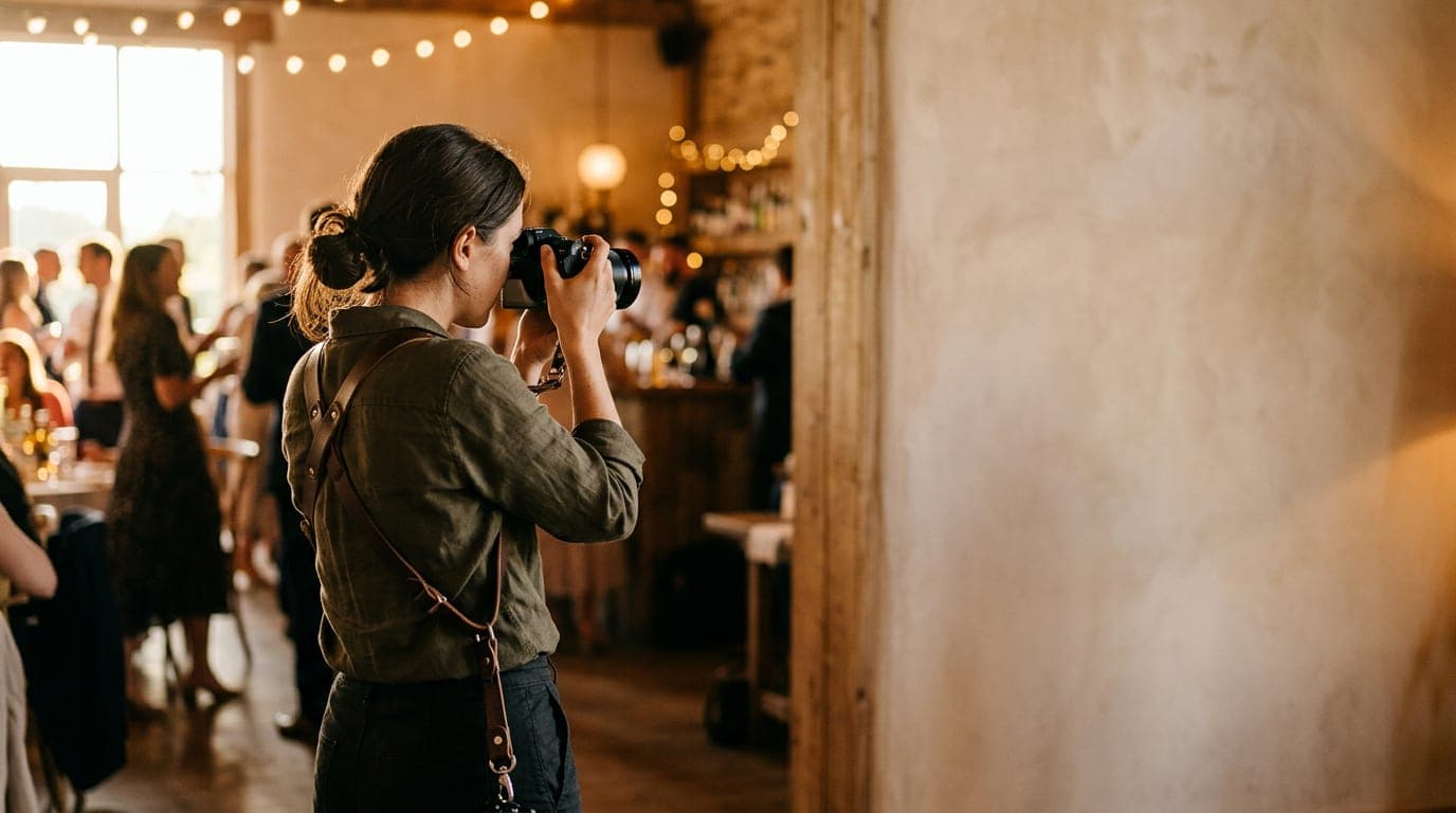 A photographer holding a camera, positioned at an event with soft natural light illuminating the scene.